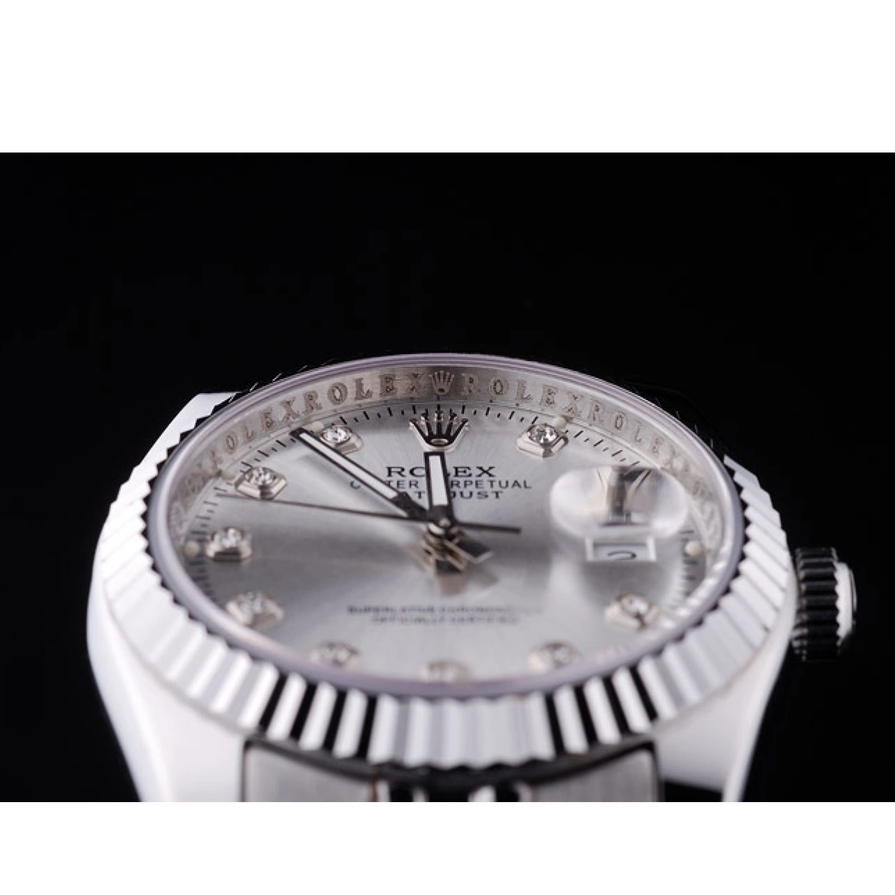 Aaa replica watch Diamonds Ribbed Rolex Bezel 7455 Datejust Silver Dial 0723